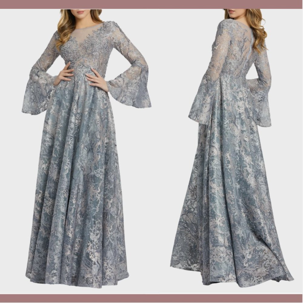 NEW $798 Mac Duggal [ 18 ] Embellished Illusion Bell‎ Sleeve A-Line Gown Grey